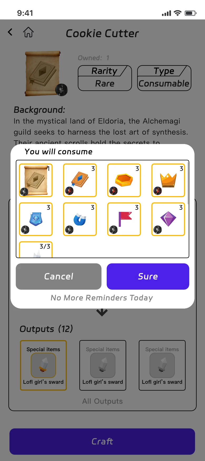 确认弹层“You will consume”列出将消耗的物品,按钮为 Cancel 与 Sure